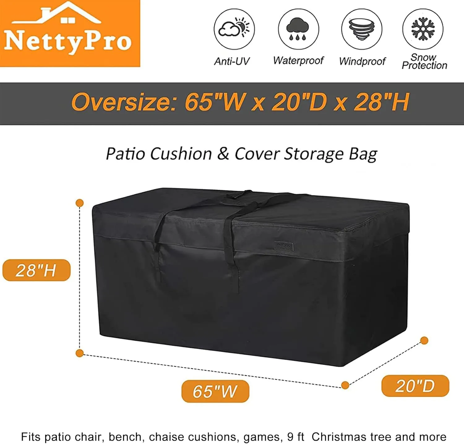 NettyPro Patio Cushion Storage Bags Water-Resistant Extra Large Bag for Outdoor Furniture Christmas Tree Storage Bag 9 Ft, 65 x 20 x 28 Inch, Black