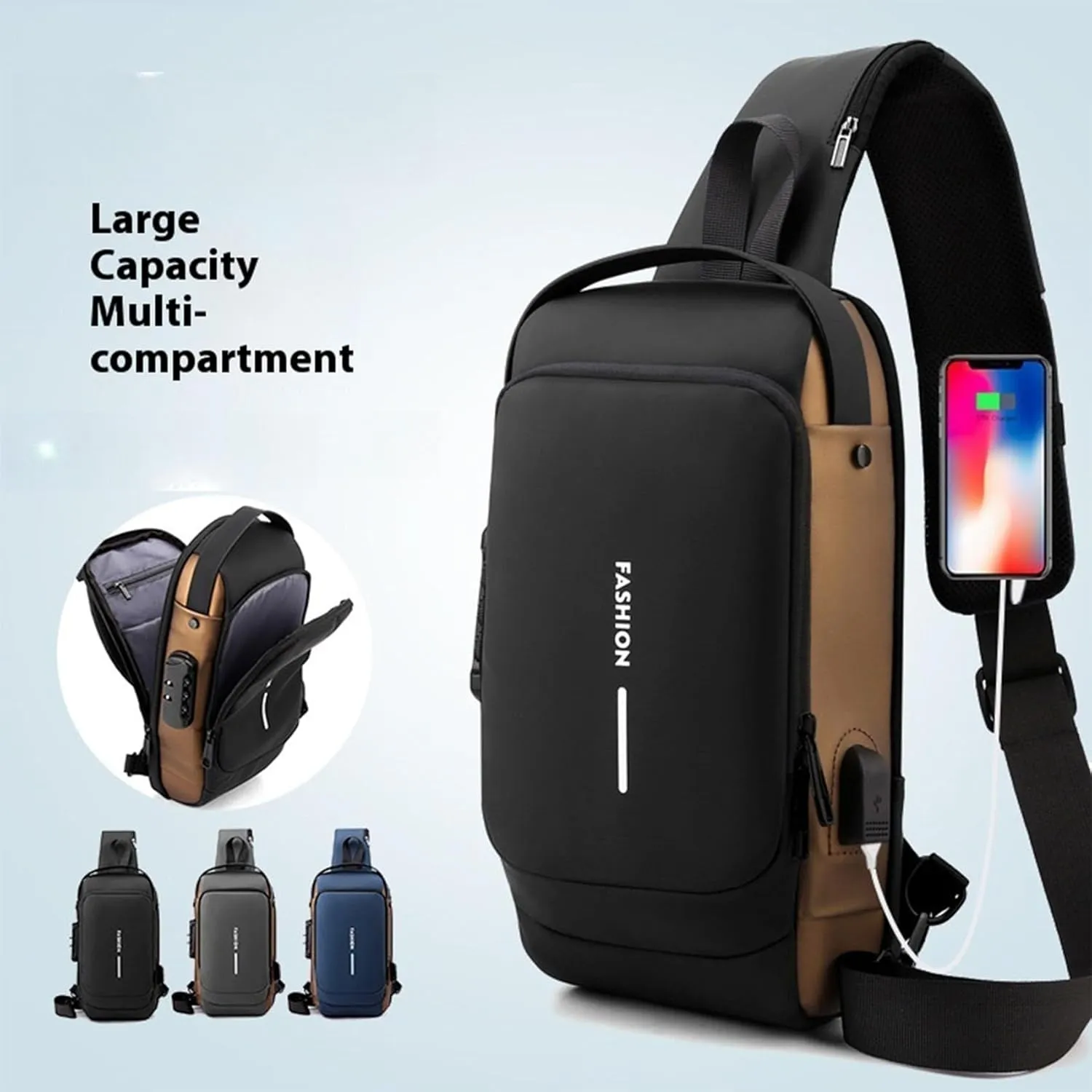 New Carbon Fiber Streamline Anti-Theft Sling Bag, USB Charging Waterproof Crossbody Backpack for Travel Gym Sports (Gray)