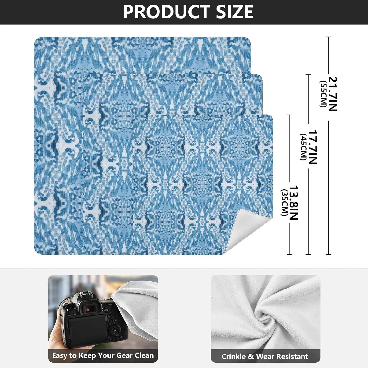 ODAWA Blue Strips Self-adhesive Cloth 17.7X17.7 Inch Changeable Capacity Cosmetic Bag Lightweight Foldable Wrapper for Camera Accessories