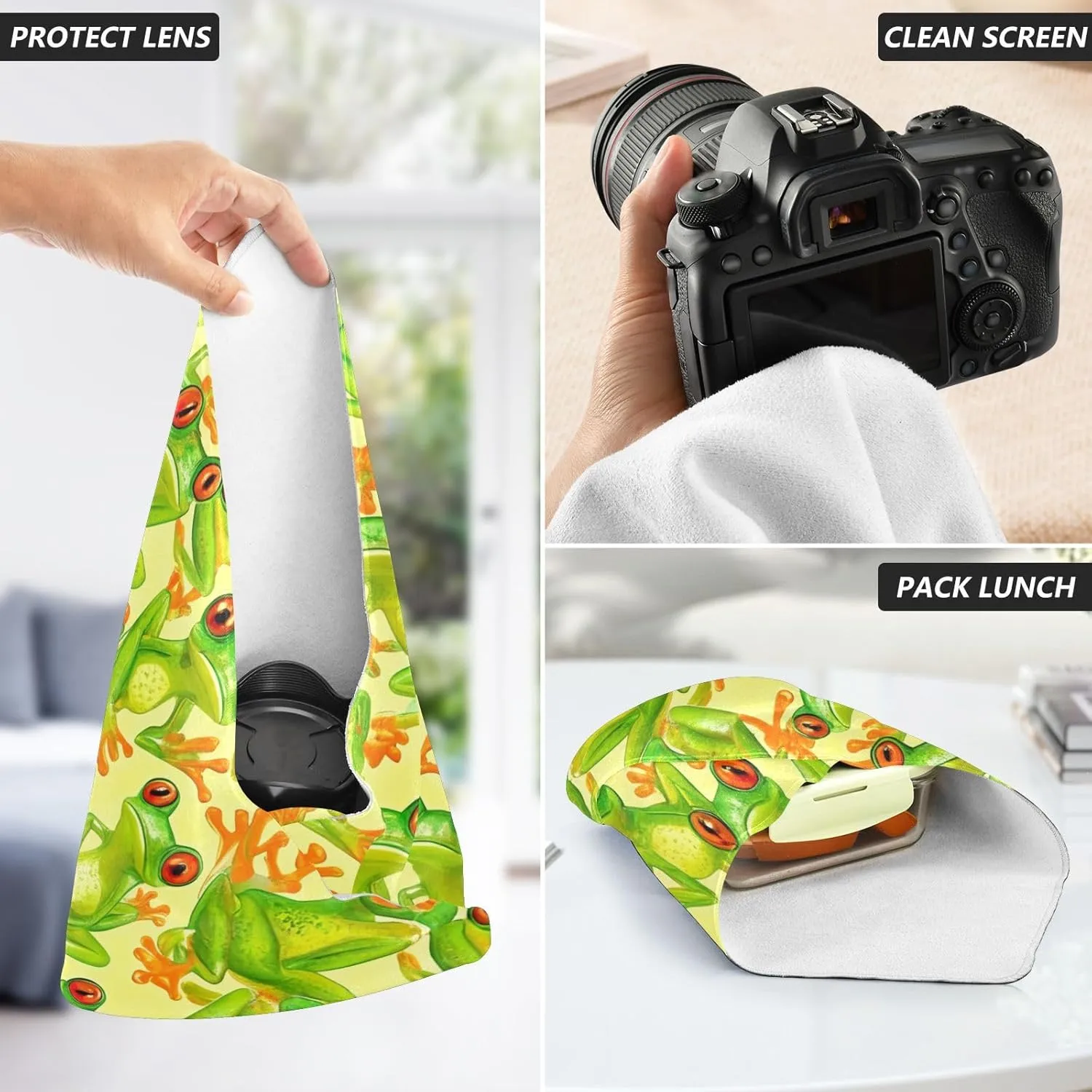ODAWA Camera Lens Wrap Cloth 17.7 In, Green Frogs Travel Makeup Bag Organizer, Lens Protector for Camera