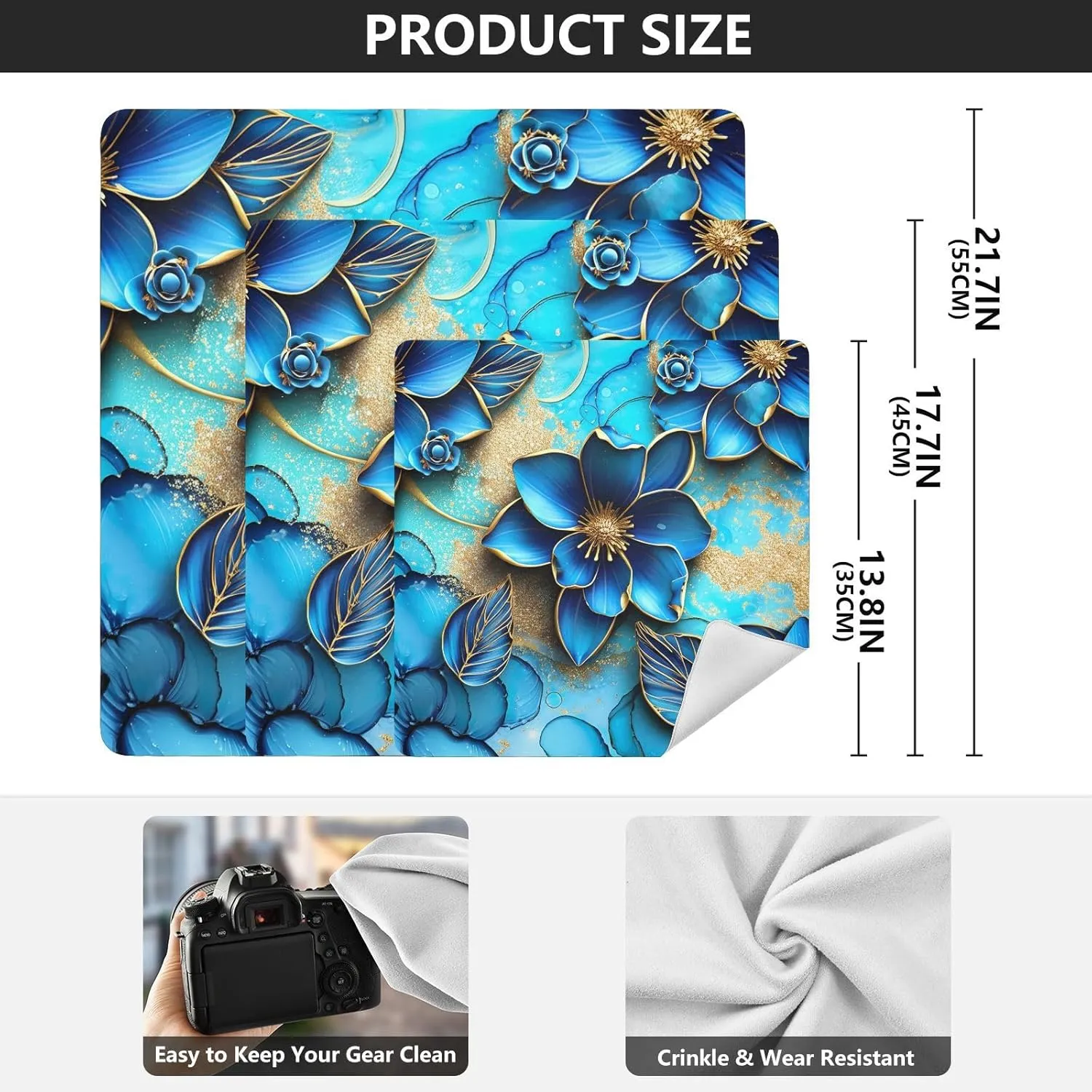 ODAWA Camera Protective Cover Blue Flowers Self-adhesive Cloth 17.7"x17.7" Anti Scratch Equipment Wrap Storage Pouch