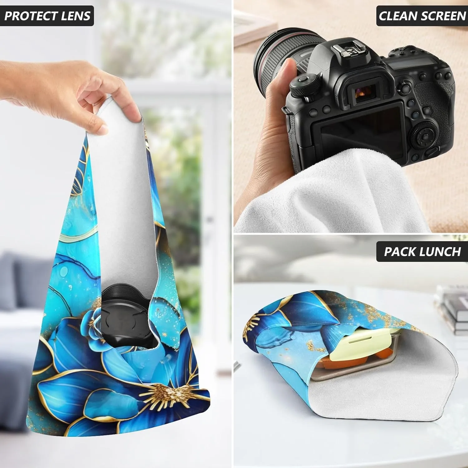 ODAWA Camera Protective Cover Blue Flowers Self-adhesive Cloth 17.7"x17.7" Anti Scratch Equipment Wrap Storage Pouch