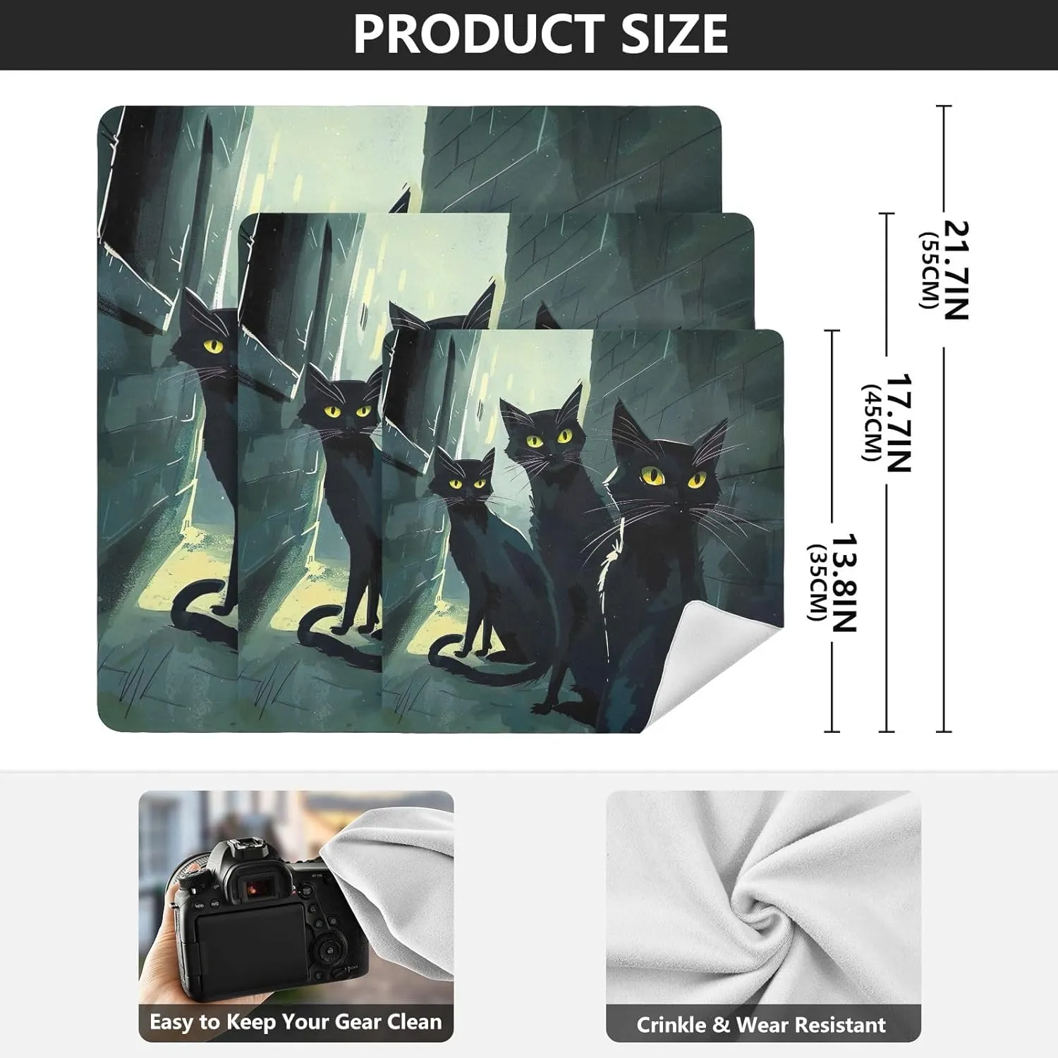 ODAWA Lens Protector Wrapper 17.7 In, Cute Black Cats Magic Flexible Folding Self-Stick Makeup Bag, Lightweight Cloths Wrap for Camera Lens
