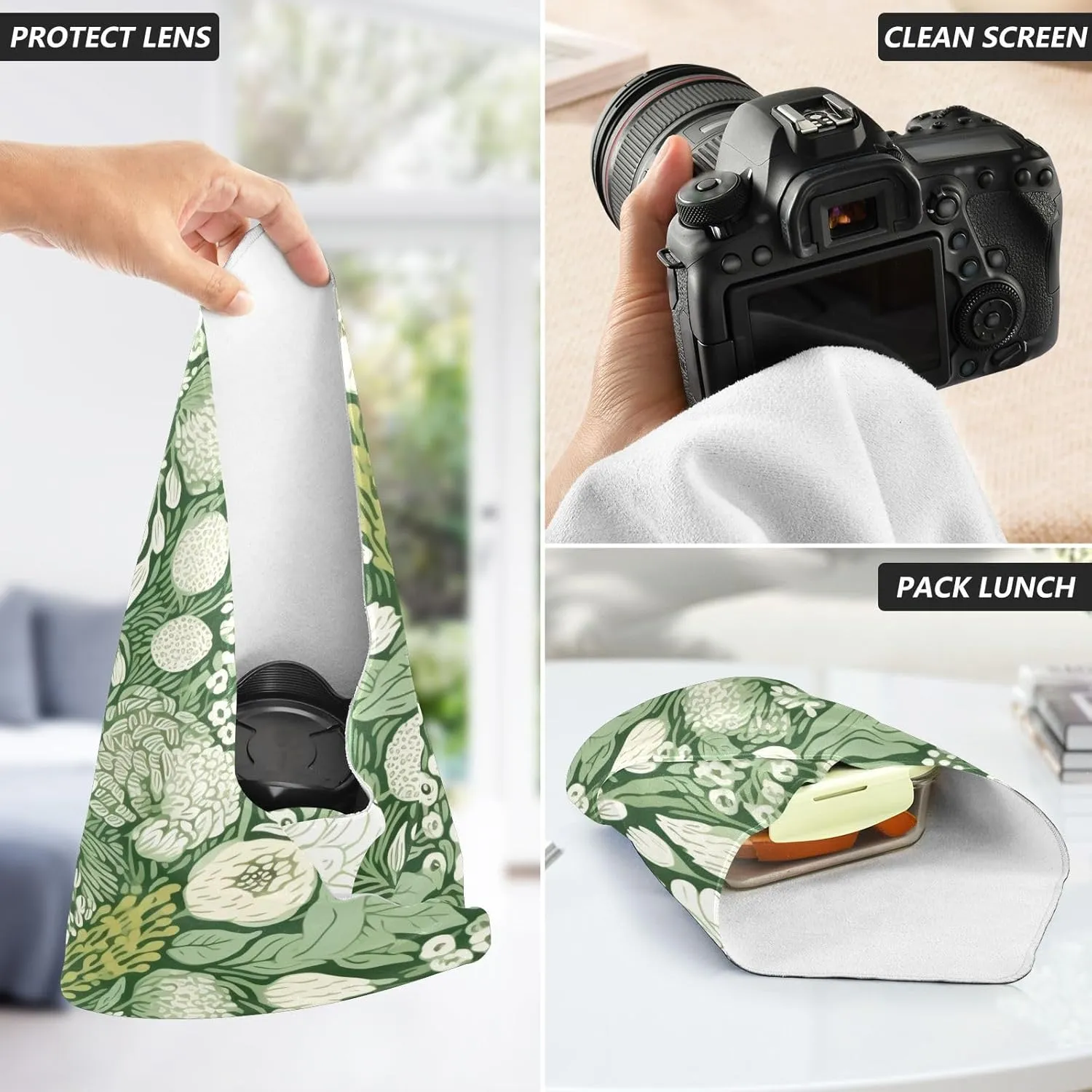 ODAWA White and Green Floral Self Adhesive Cloths 21.7X21.7 Inch Changeable Capacity Cosmetic Bag Lightweight Foldable Wrapper for Camera Accessories