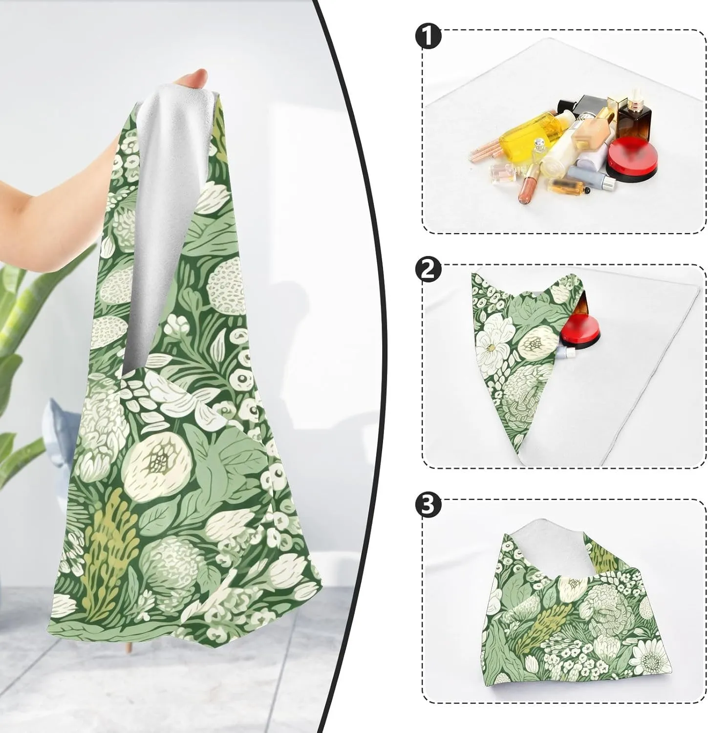 ODAWA White and Green Floral Self Adhesive Cloths 21.7X21.7 Inch Changeable Capacity Cosmetic Bag Lightweight Foldable Wrapper for Camera Accessories