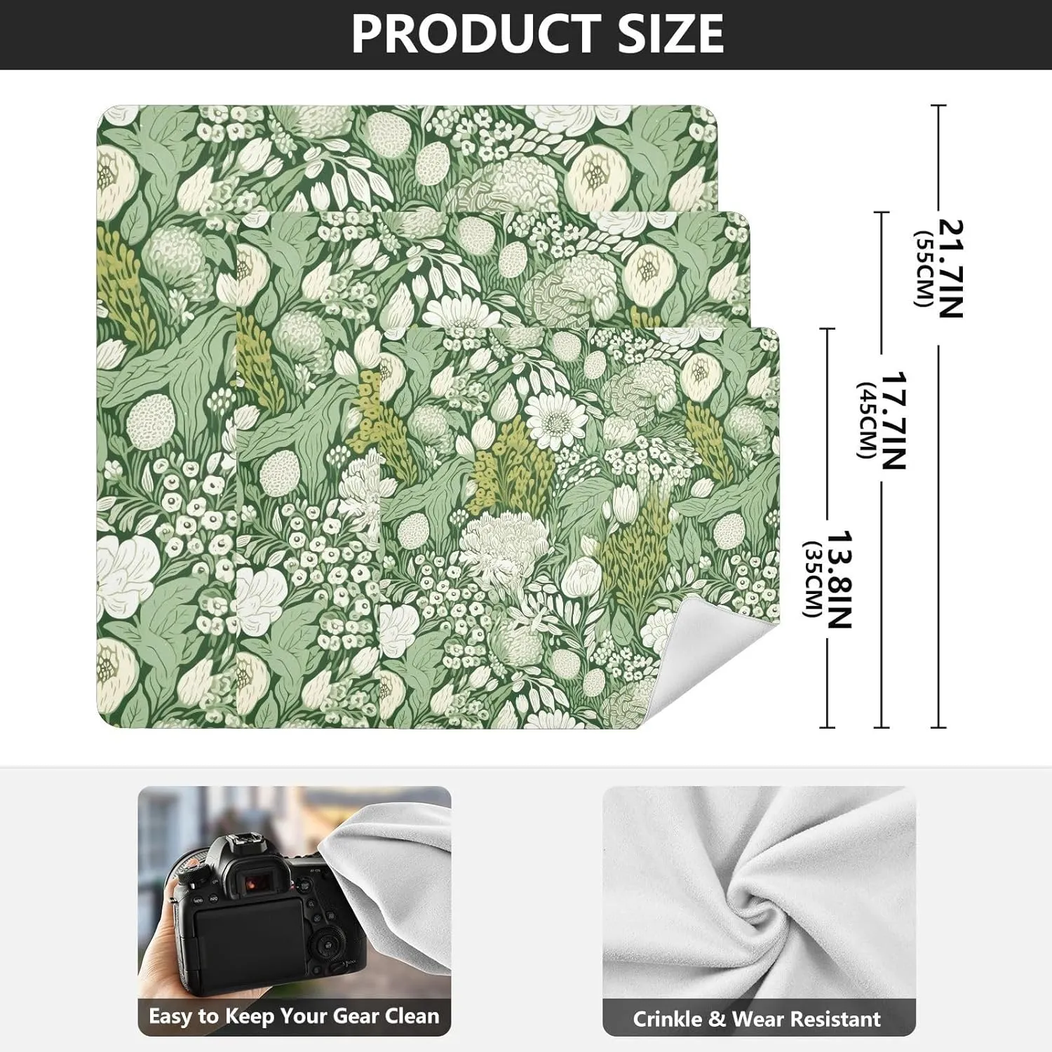 ODAWA White and Green Floral Self Adhesive Cloths 21.7X21.7 Inch Changeable Capacity Cosmetic Bag Lightweight Foldable Wrapper for Camera Accessories