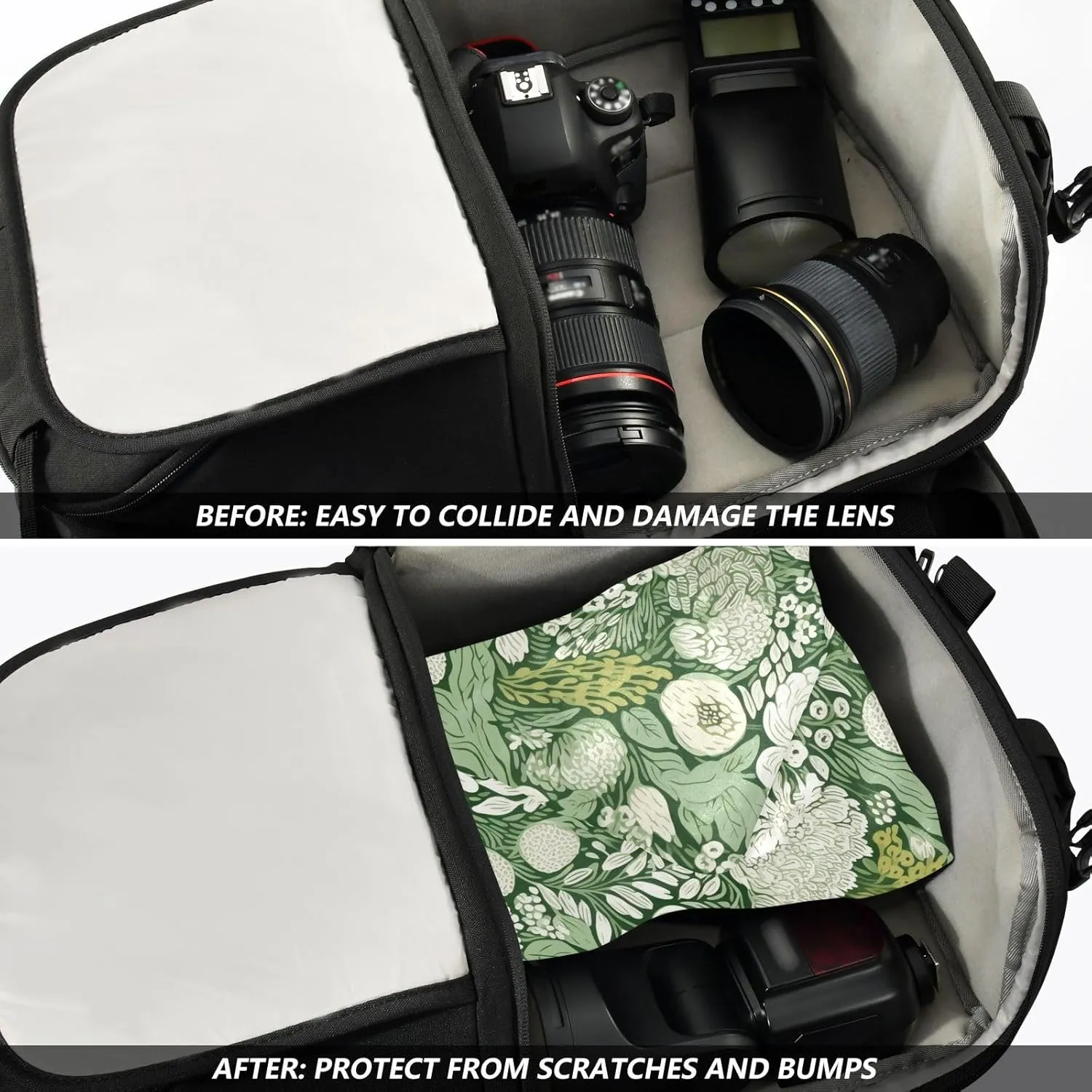 ODAWA White and Green Floral Self Adhesive Cloths 21.7X21.7 Inch Changeable Capacity Cosmetic Bag Lightweight Foldable Wrapper for Camera Accessories