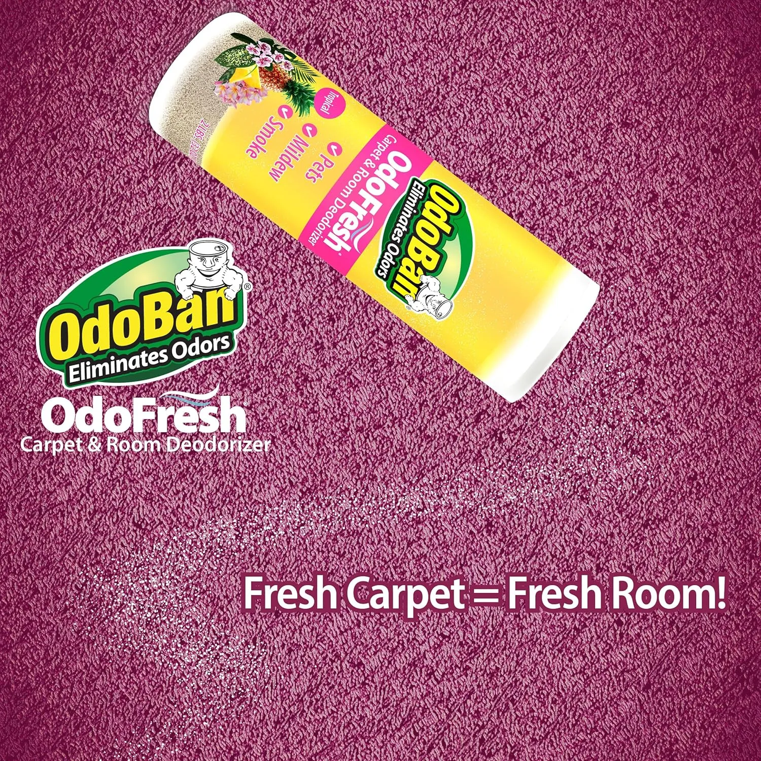 OdoBan OdoFresh Carpet and Room Deodorizer Powder for Home Smells and Odors Including Smoke, Pet Urine, Dogs, and Cat Litter, Tropical Scent, 2 Pounds