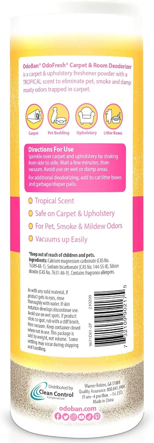 OdoBan OdoFresh Carpet and Room Deodorizer Powder for Home Smells and Odors Including Smoke, Pet Urine, Dogs, and Cat Litter, Tropical Scent, 2 Pounds