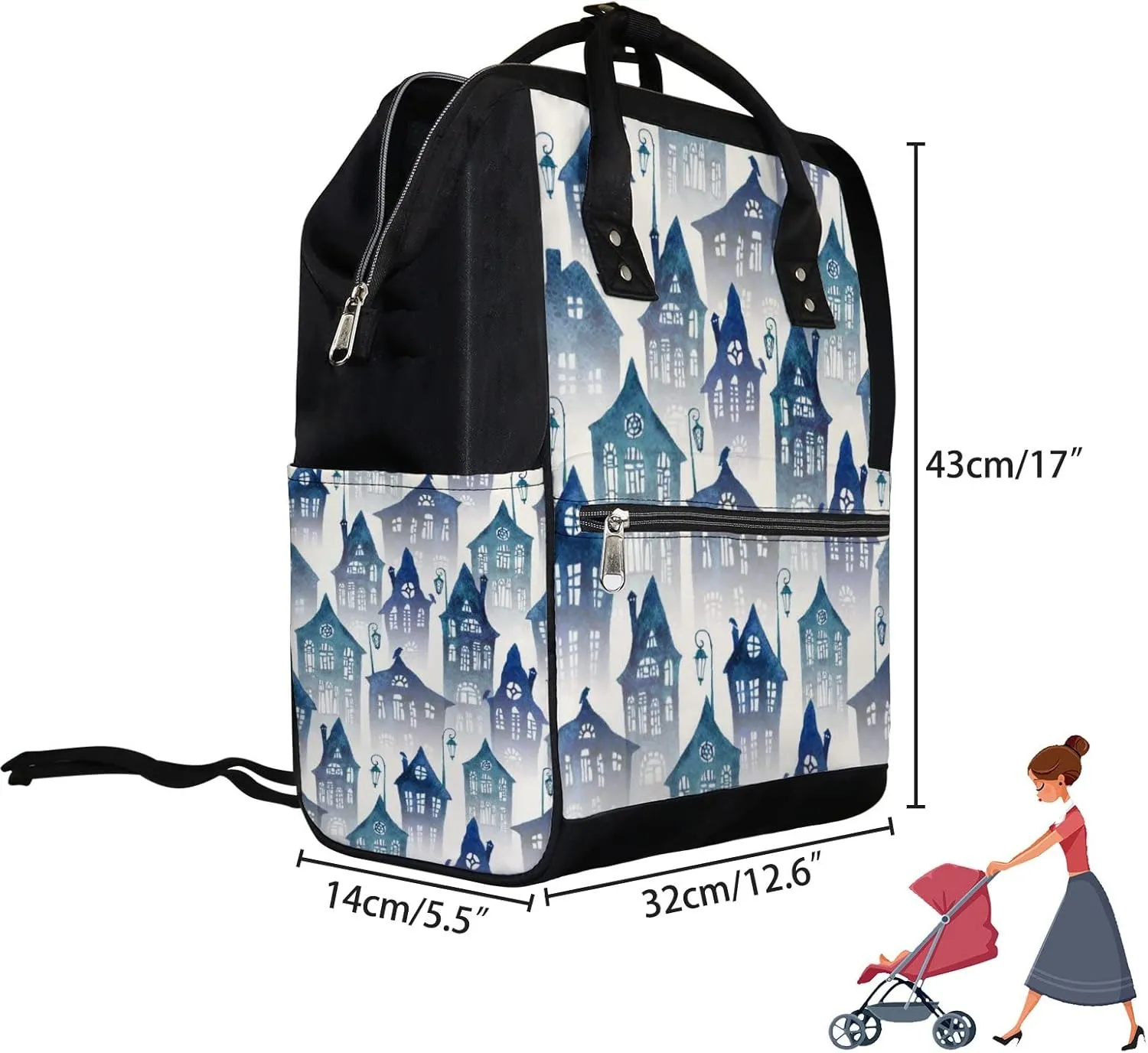 Old City Fog Crooked Diaper Bag Backpack Waterproof Backpack Baby Nappy Changing Bag for Travel Large Capacity Durable and Stylish for Woman