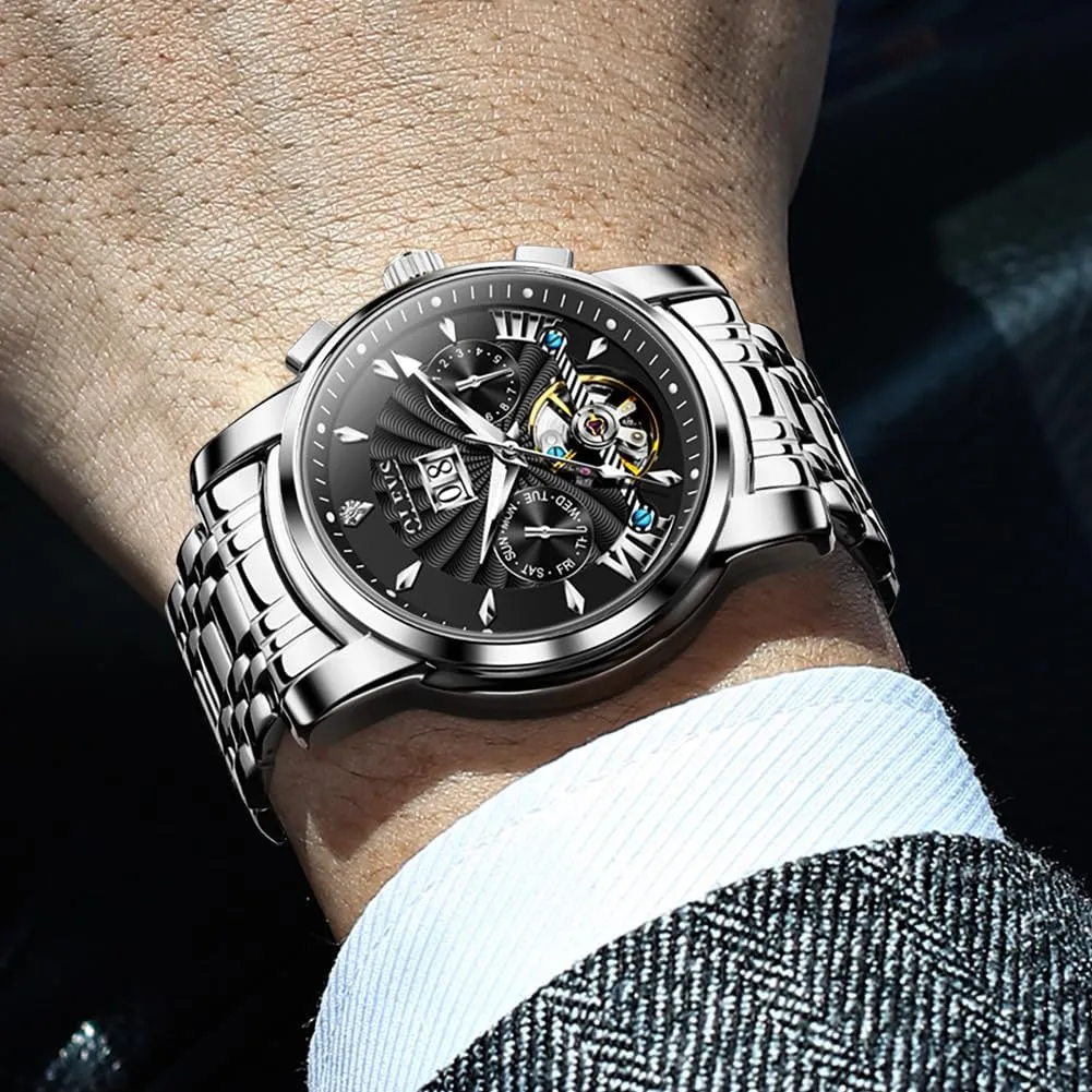 OLEVS Men Automatic Watch Stainless Steel Skeleton Mechanical Date Calendar Luxury Classic Business Waterproof Luminous Wrist Watches