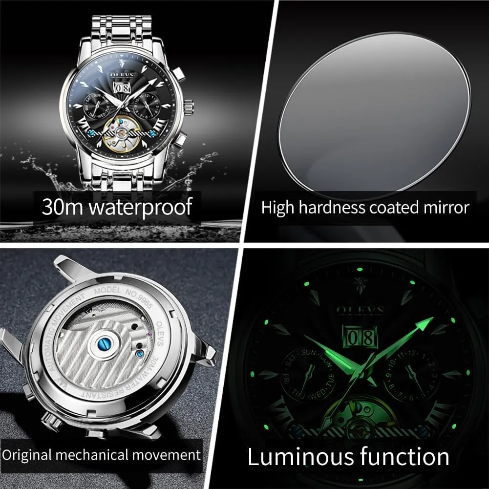 OLEVS Men Automatic Watch Stainless Steel Skeleton Mechanical Date Calendar Luxury Classic Business Waterproof Luminous Wrist Watches