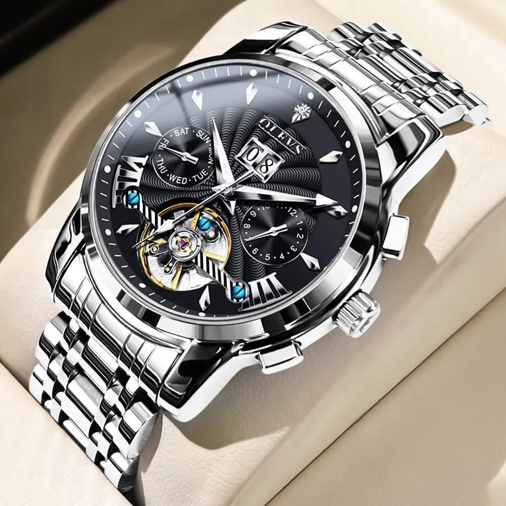 OLEVS Men Automatic Watch Stainless Steel Skeleton Mechanical Date Calendar Luxury Classic Business Waterproof Luminous Wrist Watches
