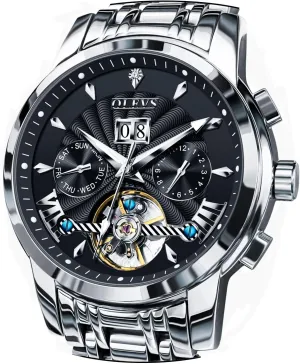 OLEVS Men Automatic Watch Stainless Steel Skeleton Mechanical Date Calendar Luxury Classic Business Waterproof Luminous Wrist Watches