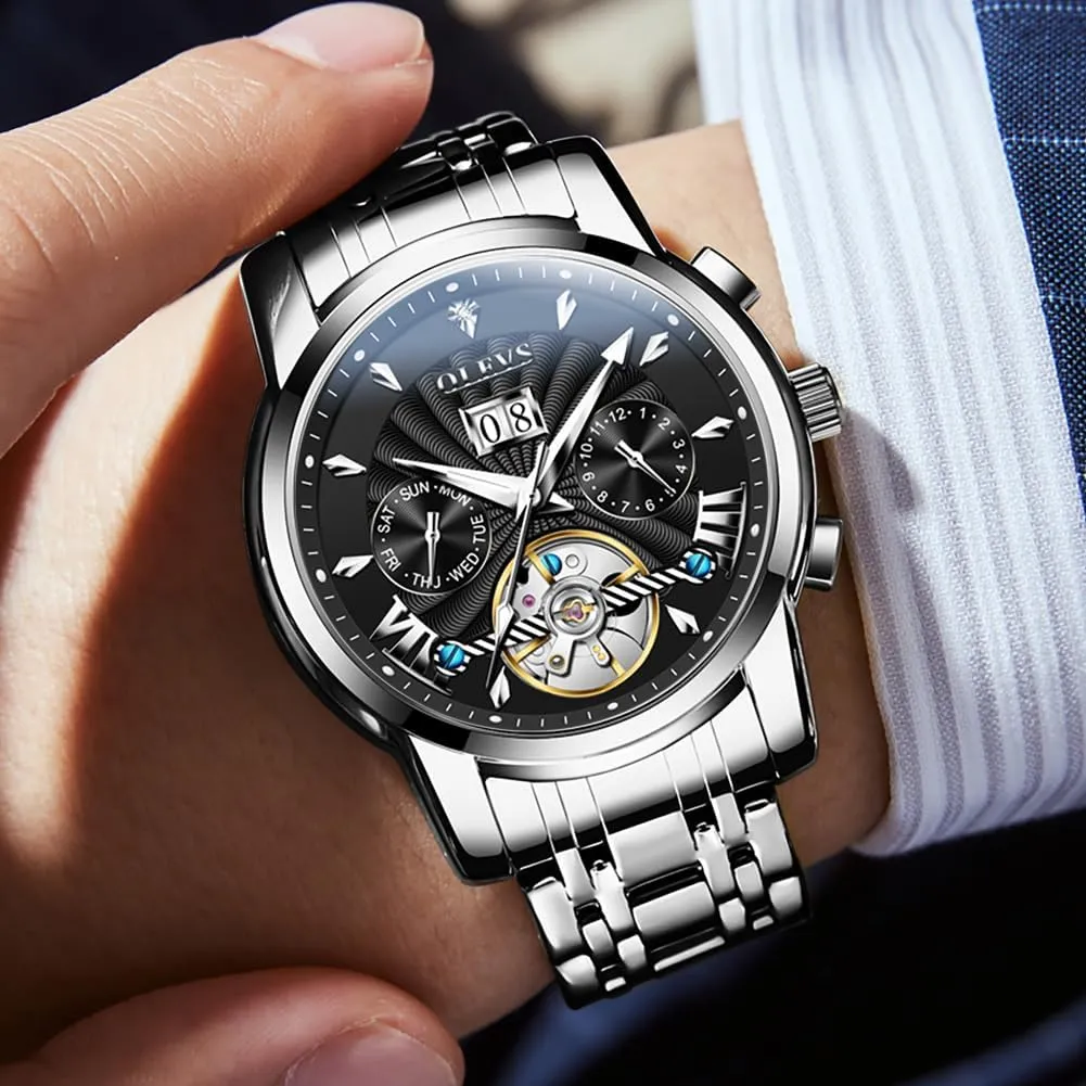 OLEVS Men Automatic Watch Stainless Steel Skeleton Mechanical Date Calendar Luxury Classic Business Waterproof Luminous Wrist Watches