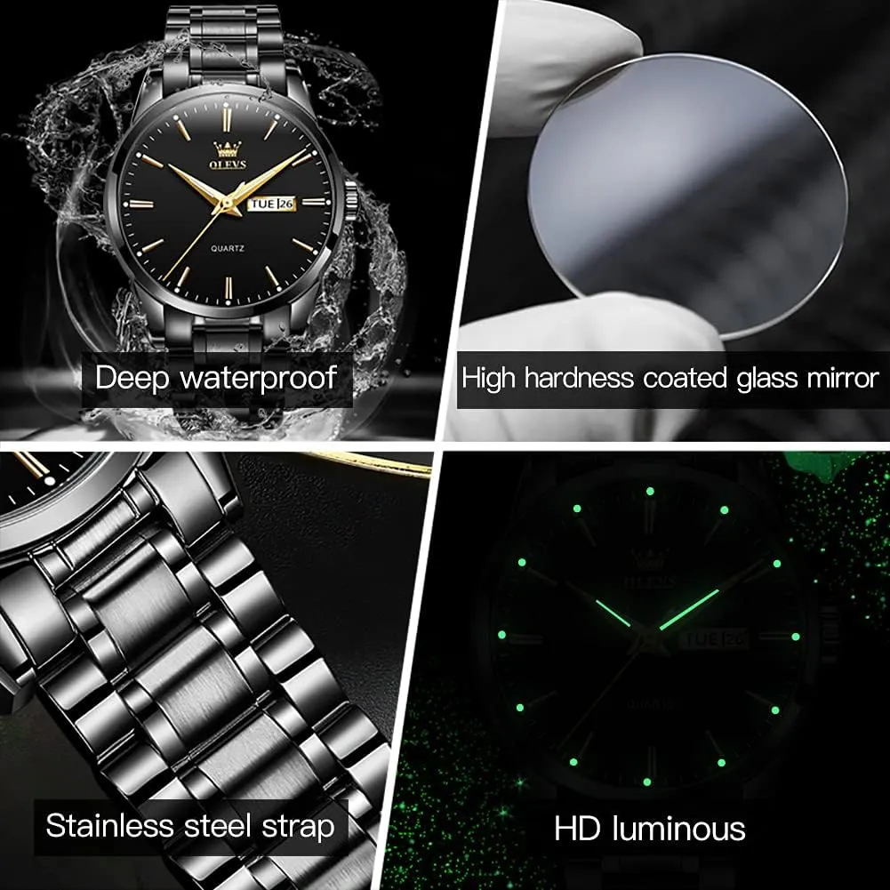 OLEVS Mens Gold Watches Analog Quartz Business Dress Watch Day Date Stainless Steel Classic Luxury Luminous Waterproof Casual Male Wrist Watches