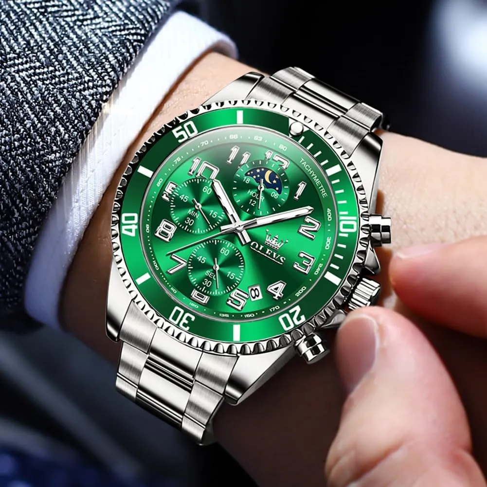 OLEVS Mens Watches Chronograph Luxury Dress Moon Phase Two Tone Stainless Steel Waterproof Luminous Business Calendar Wrist Watch