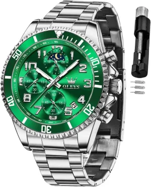 OLEVS Mens Watches Chronograph Luxury Dress Moon Phase Two Tone Stainless Steel Waterproof Luminous Business Calendar Wrist Watch