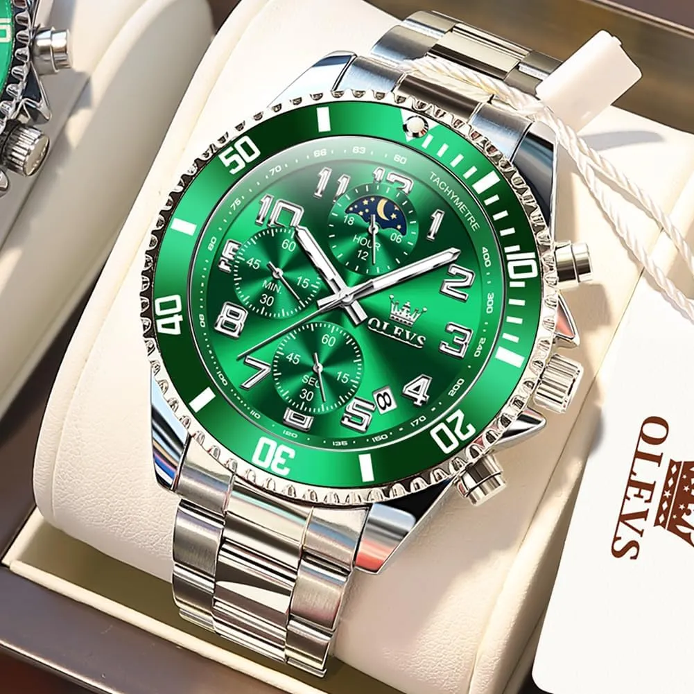 OLEVS Mens Watches Chronograph Luxury Dress Moon Phase Two Tone Stainless Steel Waterproof Luminous Business Calendar Wrist Watch