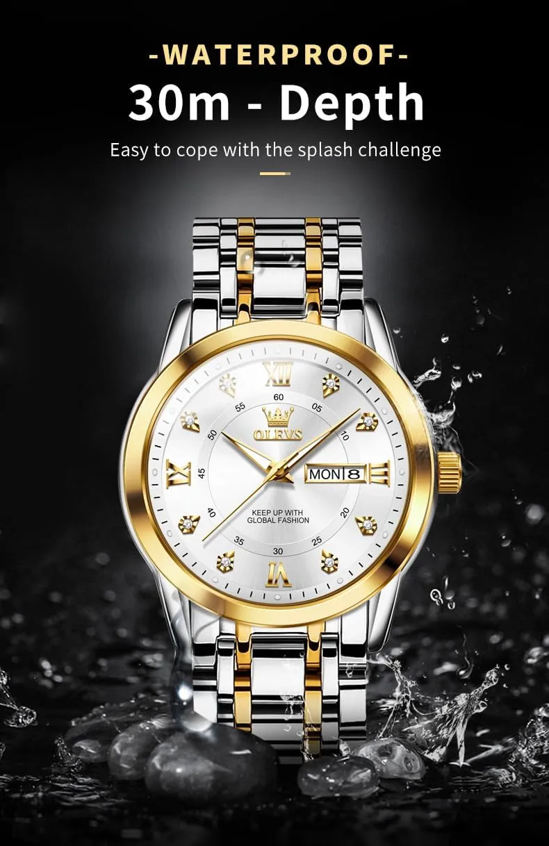 OLEVS Watch for Men Classic Business Dress Analog Quartz Stainless Steel Waterproof Luminous Date Diamond Men Silver Watch