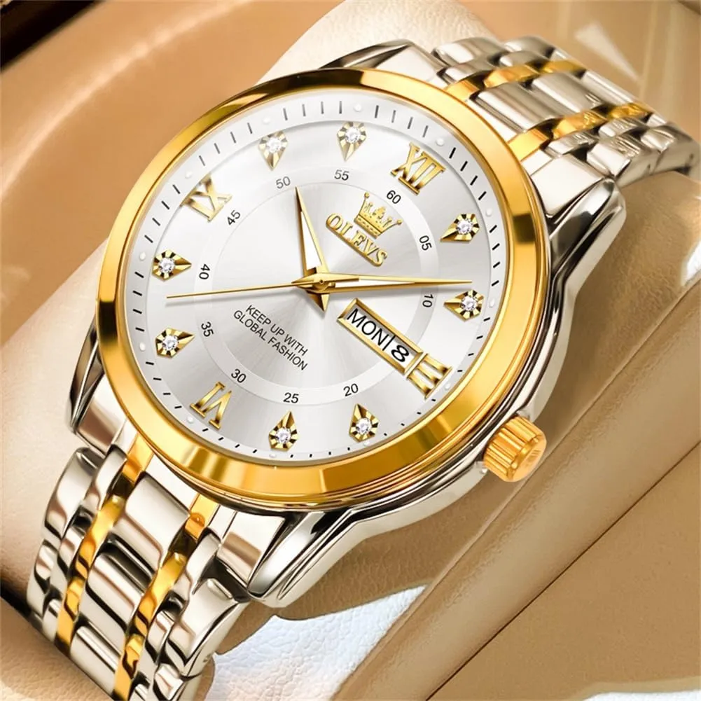 OLEVS Watch for Men Classic Business Dress Analog Quartz Stainless Steel Waterproof Luminous Date Diamond Men Silver Watch