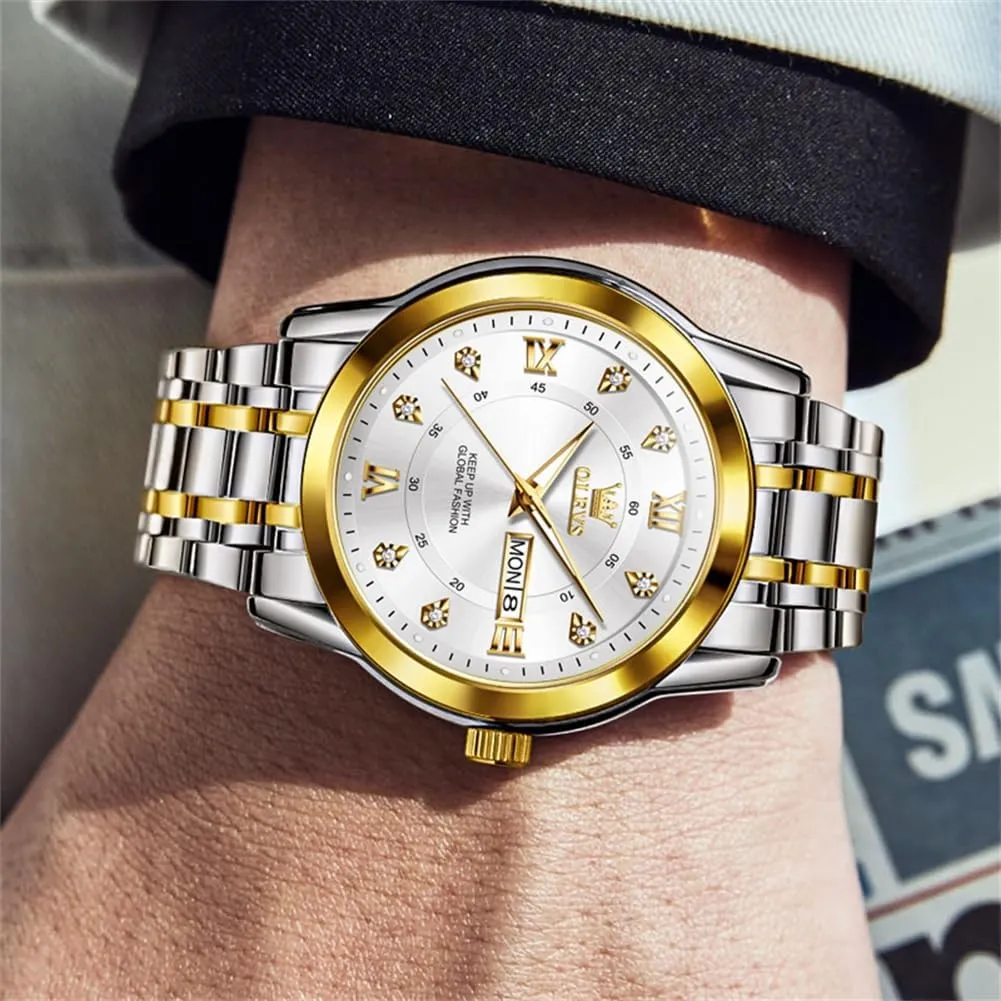 OLEVS Watch for Men Classic Business Dress Analog Quartz Stainless Steel Waterproof Luminous Date Diamond Men Silver Watch