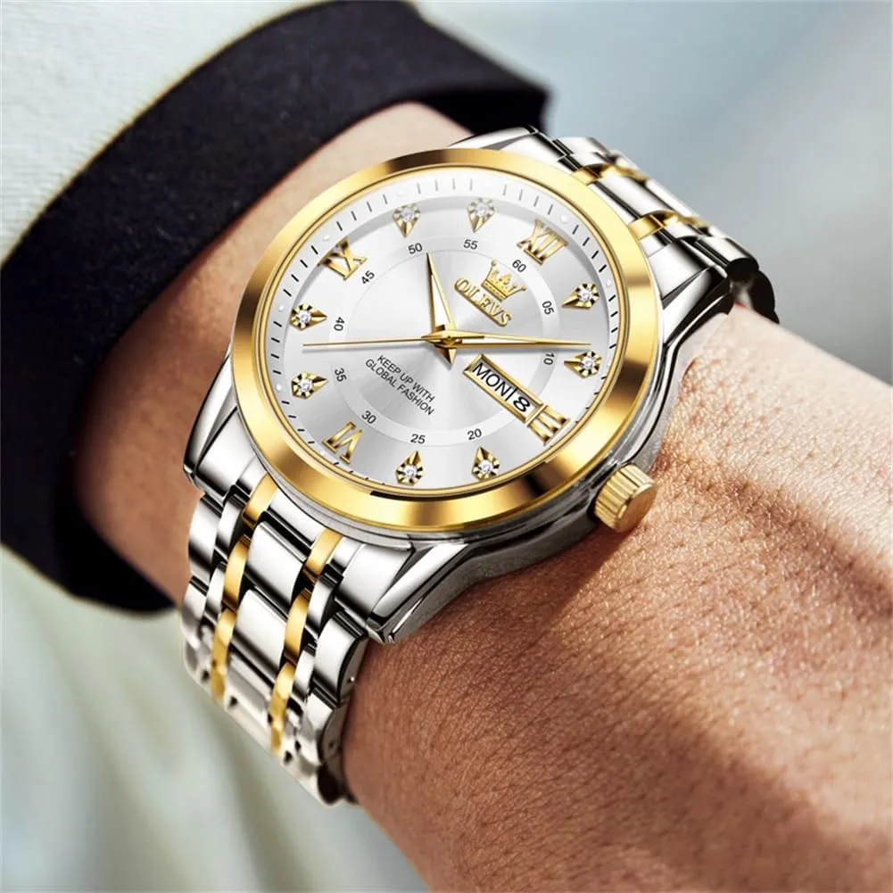 OLEVS Watch for Men Classic Business Dress Analog Quartz Stainless Steel Waterproof Luminous Date Diamond Men Silver Watch