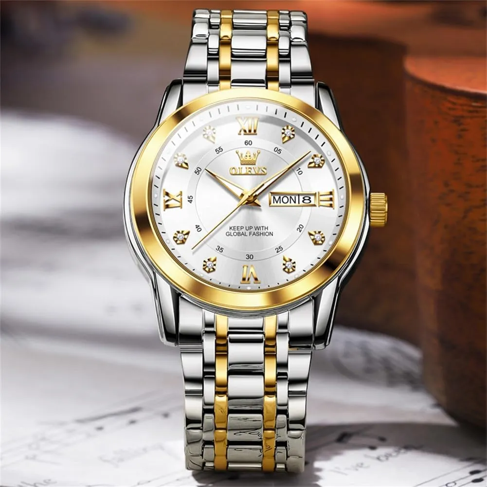 OLEVS Watch for Men Classic Business Dress Analog Quartz Stainless Steel Waterproof Luminous Date Diamond Men Silver Watch