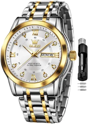 OLEVS Watch for Men Classic Business Dress Analog Quartz Stainless Steel Waterproof Luminous Date Diamond Men Silver Watch