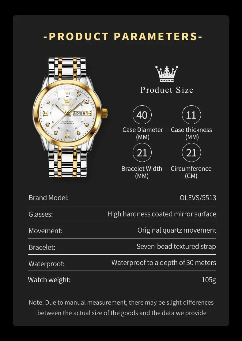 OLEVS Watch for Men Classic Business Dress Analog Quartz Stainless Steel Waterproof Luminous Date Diamond Men Silver Watch