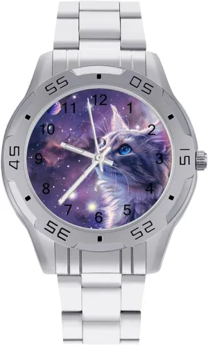 Outer Galaxy Cat Classic Wrist Watches for Men Casual Business Dress Watch with Stainless Steel Band Work Party