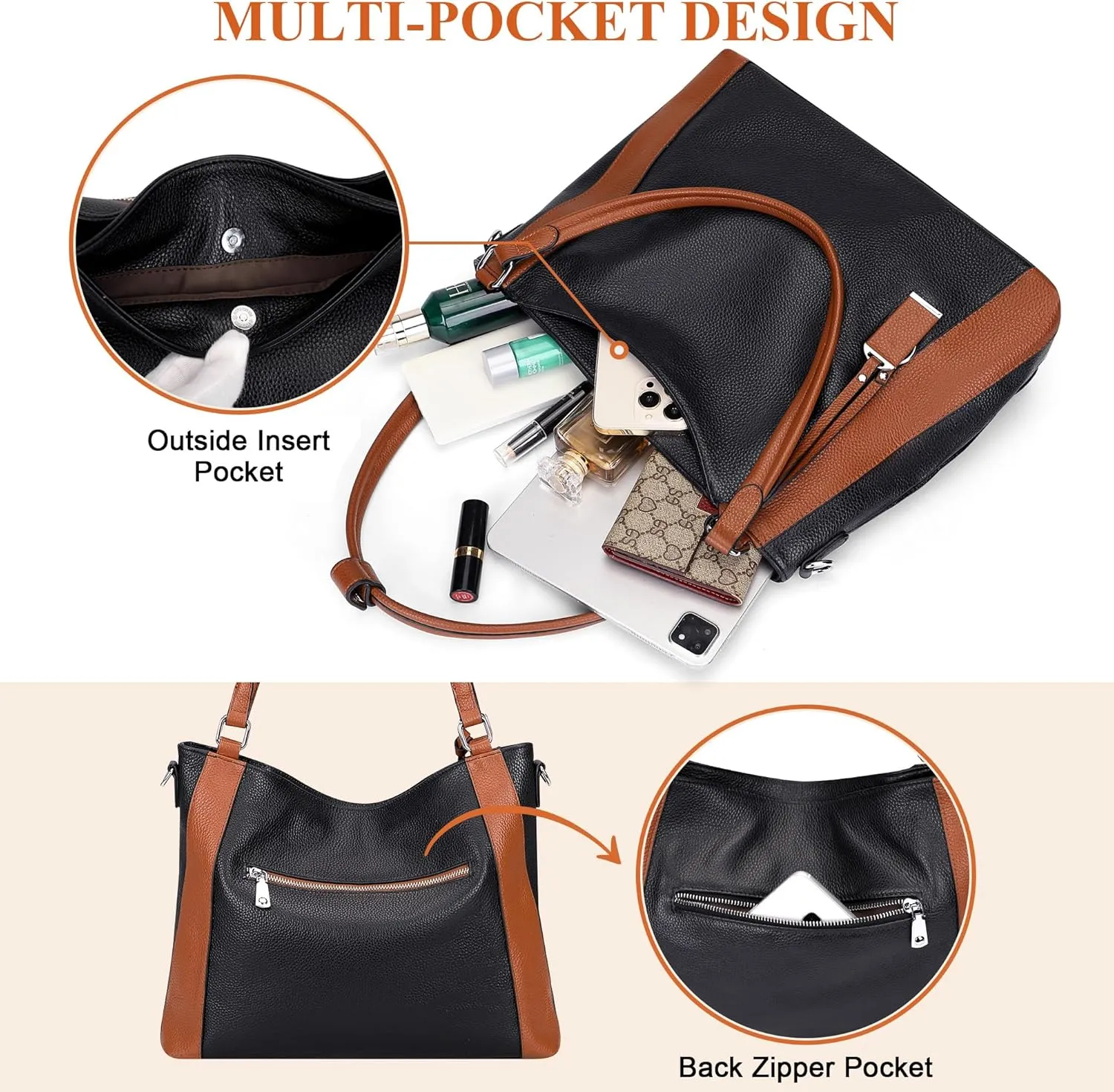 Over Earth Genuine Leather Purses for Women Casual Hobo Shoulder Handbags Large Crossbody Bags