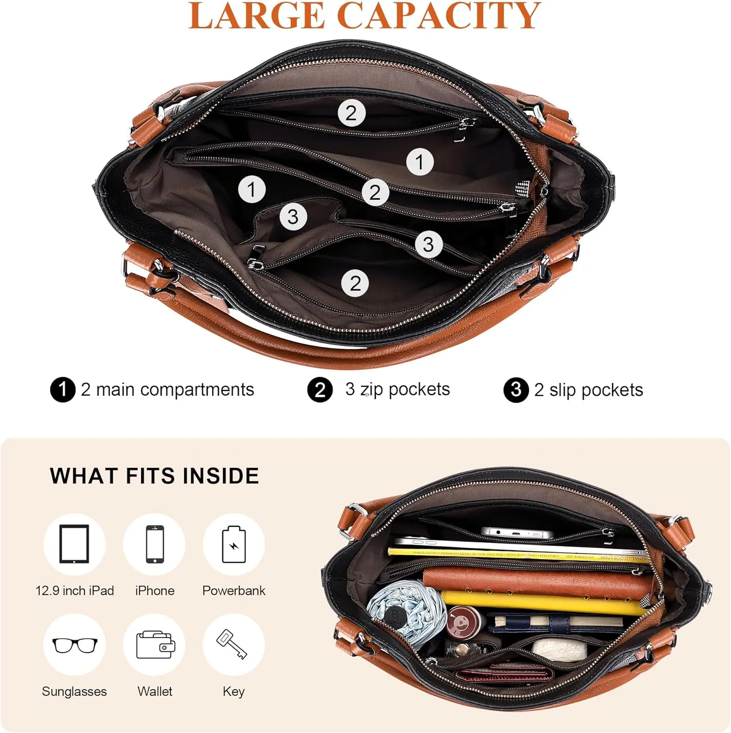 Over Earth Genuine Leather Purses for Women Casual Hobo Shoulder Handbags Large Crossbody Bags