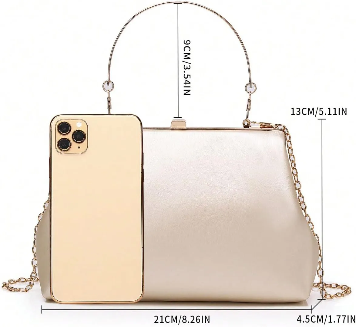 OYOANGLE Women's Kiss Lock Top Handle Solid Evening Bag Chain Shoulder Strap Glamorous Clutch Purses