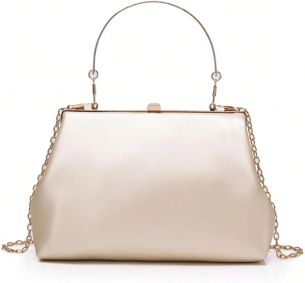 OYOANGLE Women's Kiss Lock Top Handle Solid Evening Bag Chain Shoulder Strap Glamorous Clutch Purses