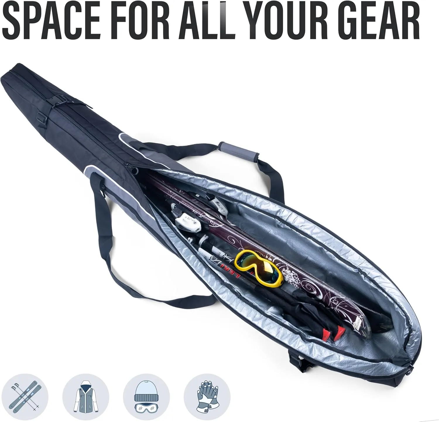 Padded Ski Bag For Air Travel - Waterproof, Up to 175 CM Skis