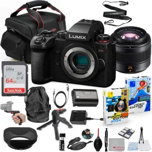 Panasonic Lumix G9 II Mirrorless Camera with 25mm f/1.4 II Lens Bundle   Accessory Kit with 64GB Ultra Memory, Hand Grip Tripod, Carry Case, Editing Software Package & More (27 Items)