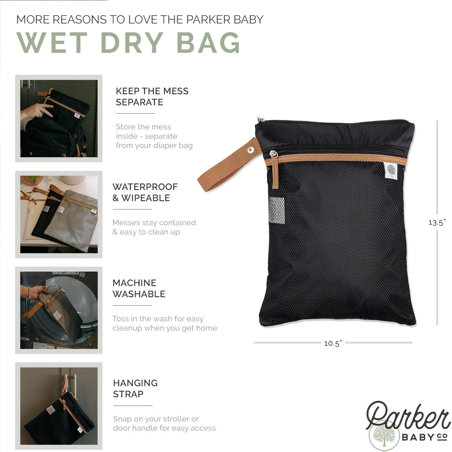 Parker Baby Cloth Diaper Wet Dry Bag - Waterproof Reusable Bag with Mesh Organizer and Zippered Pocket | Stylish, Machine-Washable, Convenient Handle for Diapers, Wet Clothes, Swimsuits - Black