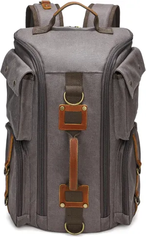 peacechaos Heavy-Duty Waxed Canvas Backpack for Men, 17 Inch Laptop Rucksack with Genuine Leather, Multi-Pocket Travel Bag for Work, Hiking, and Camping