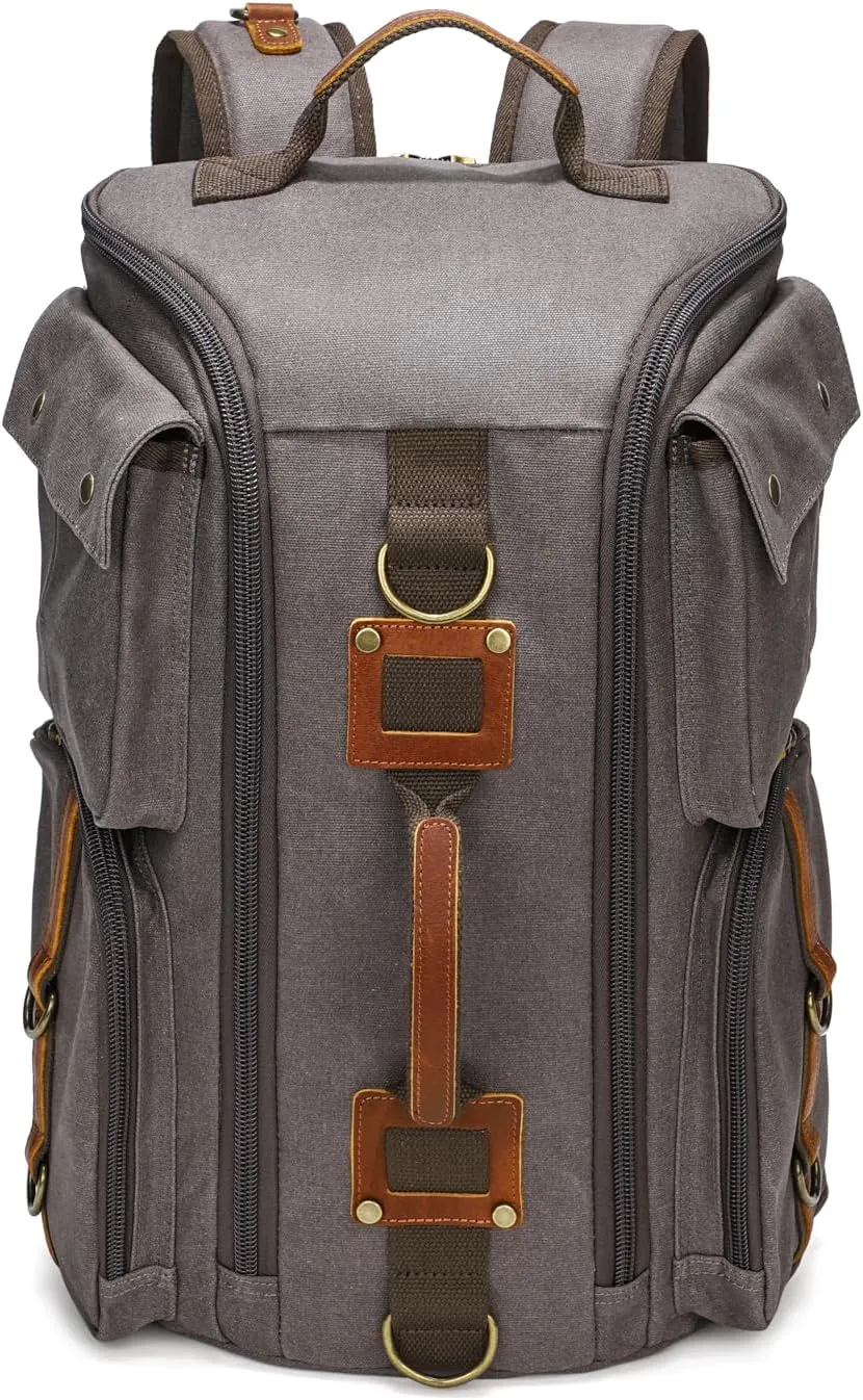 peacechaos Heavy-Duty Waxed Canvas Backpack for Men, 17 Inch Laptop Rucksack with Genuine Leather, Multi-Pocket Travel Bag for Work, Hiking, and Camping