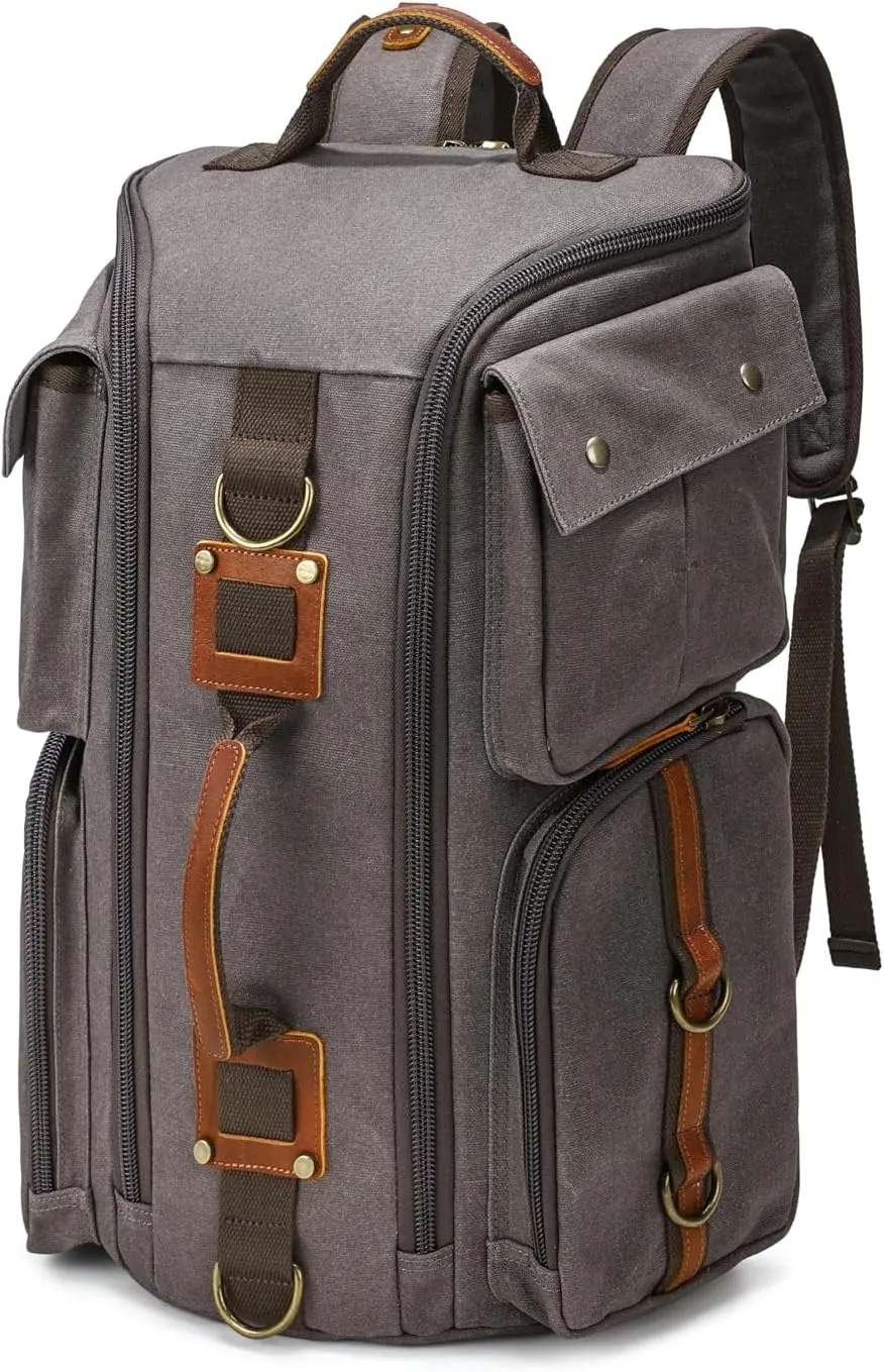 peacechaos Heavy-Duty Waxed Canvas Backpack for Men, 17 Inch Laptop Rucksack with Genuine Leather, Multi-Pocket Travel Bag for Work, Hiking, and Camping