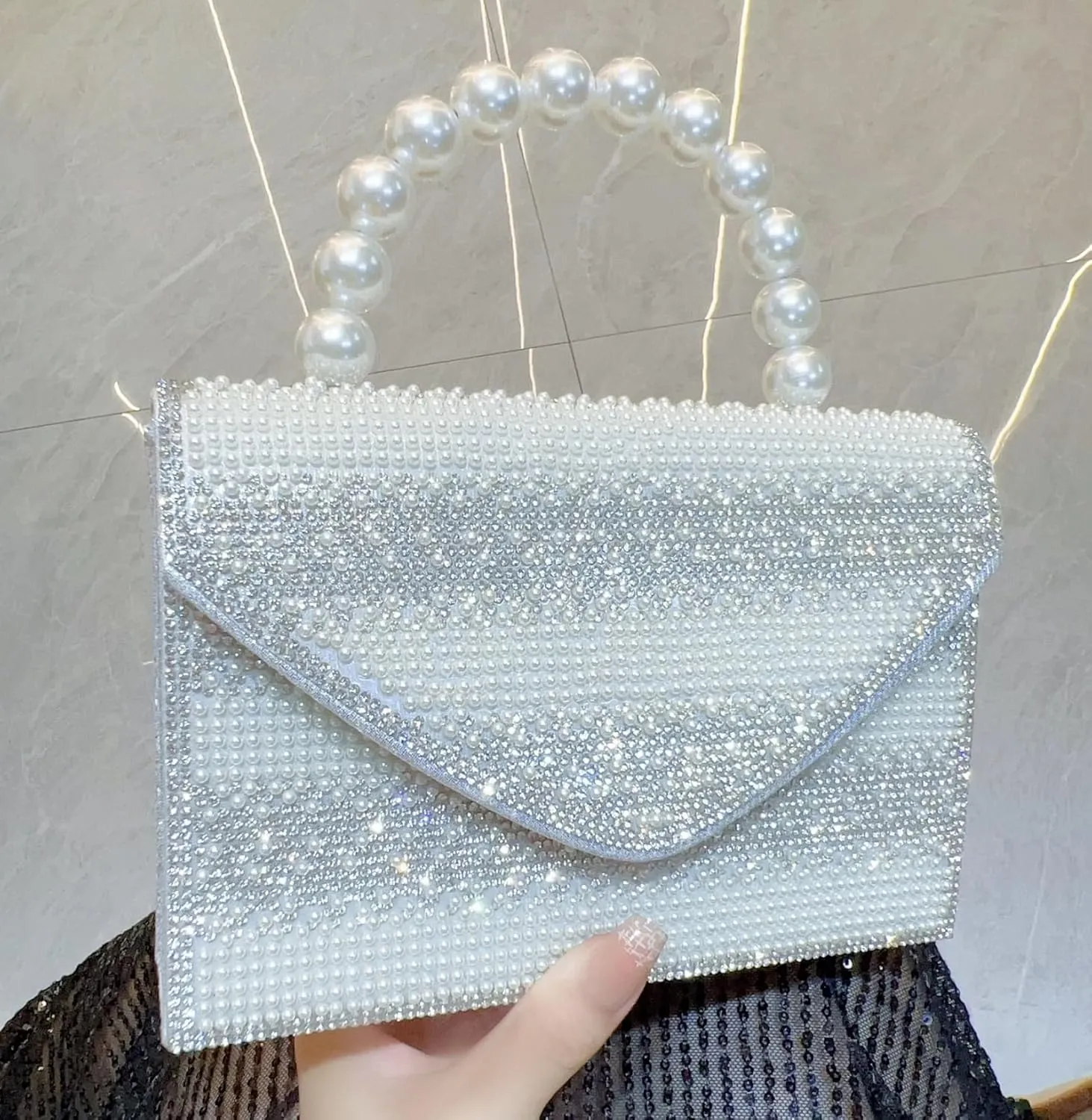 Pearl Clutch Purse for Women, Beaded Evening Handbag, Envelope Crossbody Shoulder Bag, Sparkly Top-handle Totes