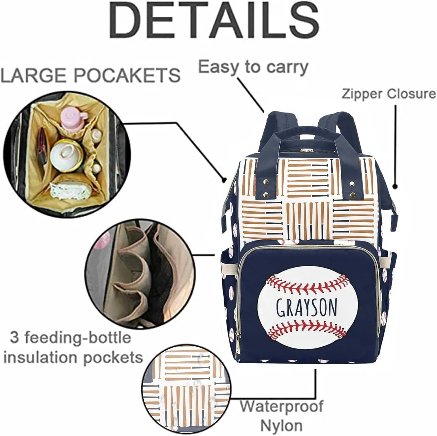 Personalized Baby Diaper Bag Backpack for Women, Custom Name Nursing Mommy Daypack, Diaper Bag for Girls Boys, New Mom Gifts (Baseball)