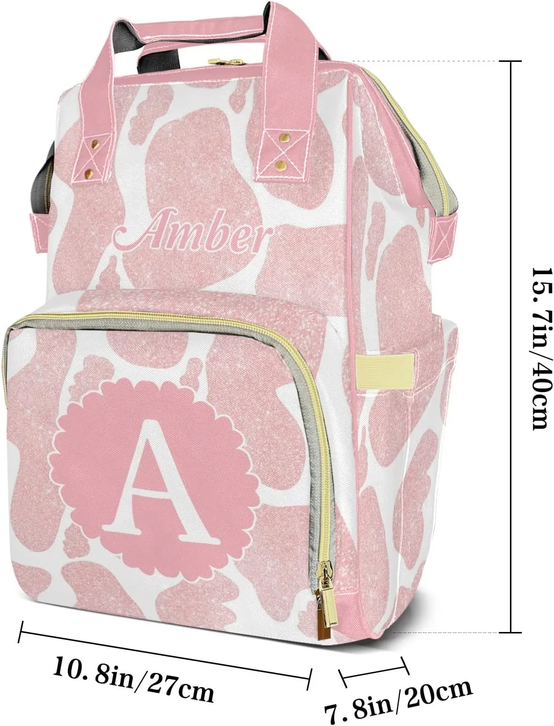Personalized Cow Pattern Pink Diaper Bags Waterproof Backpack Shoulder Daypack for Mother's Day Gifts
