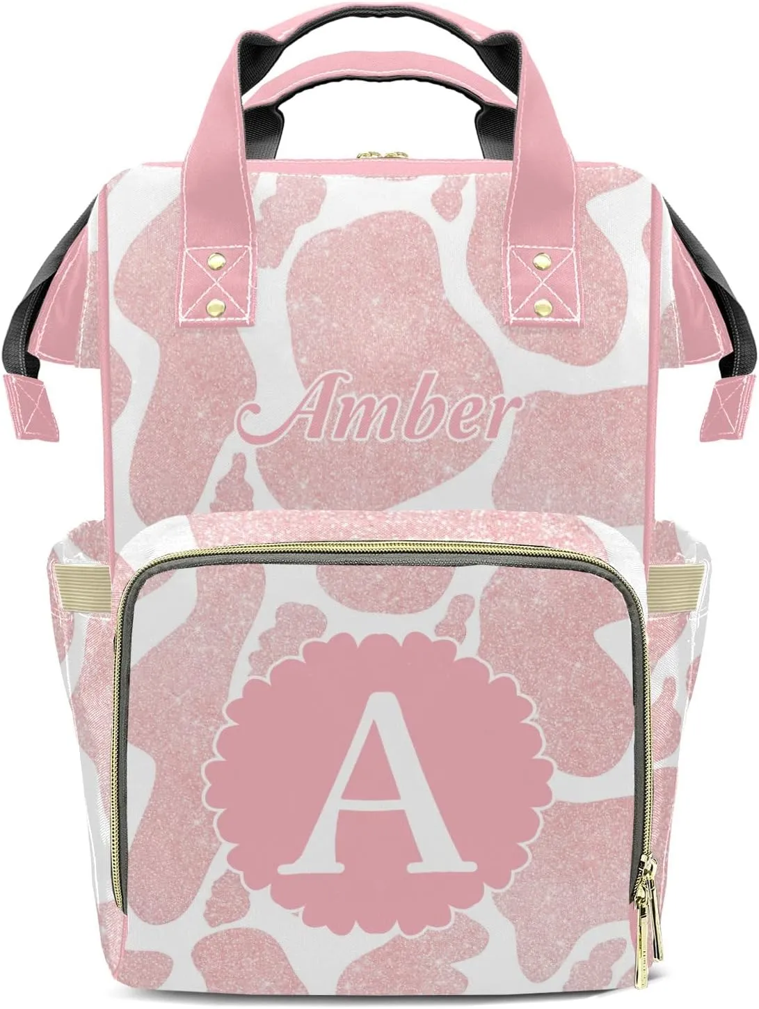 Personalized Cow Pattern Pink Diaper Bags Waterproof Backpack Shoulder Daypack for Mother's Day Gifts
