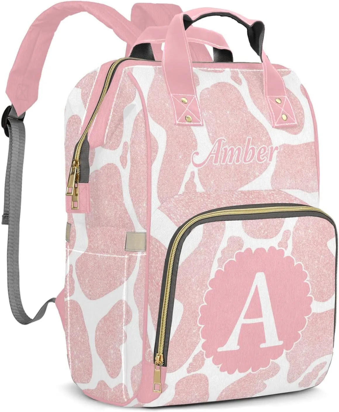 Personalized Cow Pattern Pink Diaper Bags Waterproof Backpack Shoulder Daypack for Mother's Day Gifts
