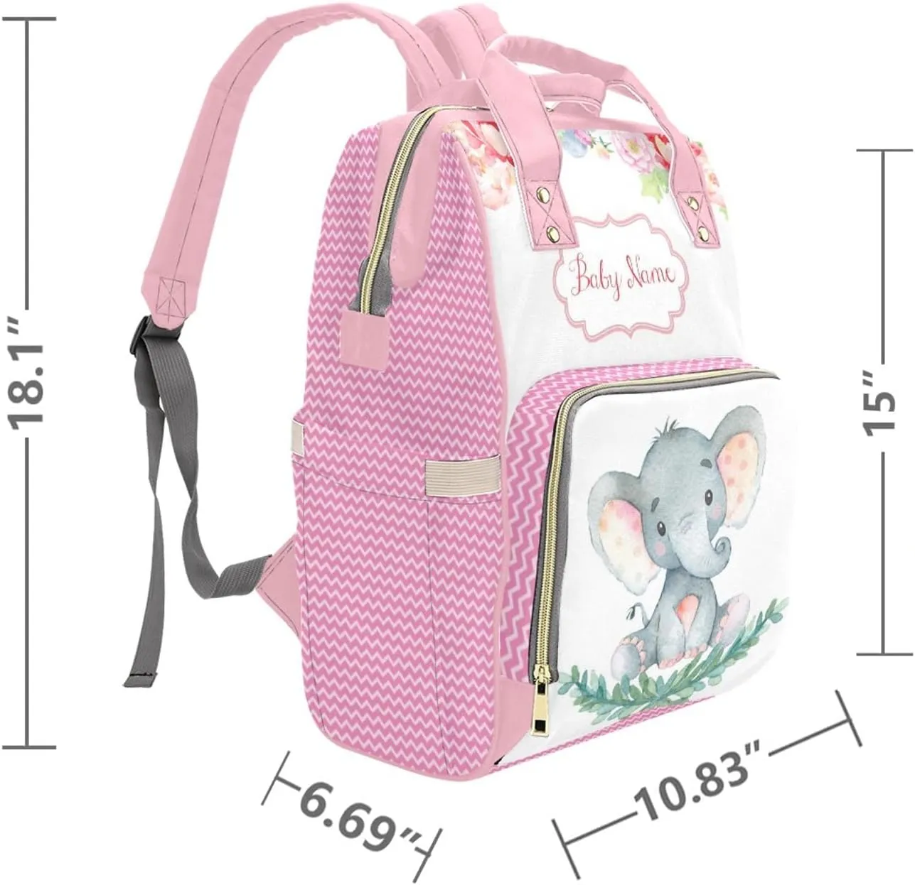 Personalized Cute Elephant Diaper Bag with Name, Customized Name Nappy Backpack for Mom, Custom Baby Daycare Bag Handbag Shoulder Bag for Newborn Girls Infants