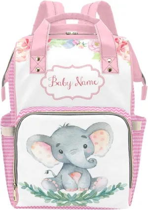 Personalized Cute Elephant Diaper Bag with Name, Customized Name Nappy Backpack for Mom, Custom Baby Daycare Bag Handbag Shoulder Bag for Newborn Girls Infants
