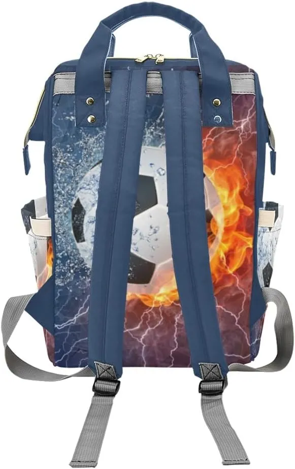Personalized Diaper Backpack Soccer Ball on Fire Water Custom Name Multi Function Diaper Bag Travel Daypack Nursing Nappy Mommy Bag