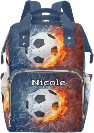 Personalized Diaper Backpack Soccer Ball on Fire Water Custom Name Multi Function Diaper Bag Travel Daypack Nursing Nappy Mommy Bag